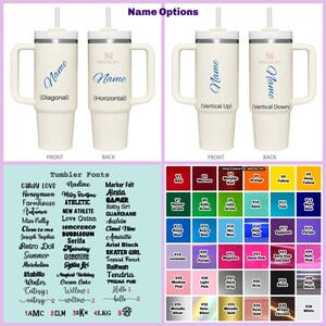 Puede incluir: Vaso t&eacute;rmico blanco roto con asa y pajita, con opciones de nombres personalizados en varias fuentes y colores. La imagen muestra diferentes estilos de colocaci&oacute;n de nombres y una carta de colores.
