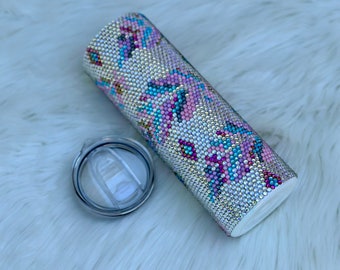 Vaso de cristal con plumas y diamantes de imitación: vaso de cristal de 20 oz con brillo