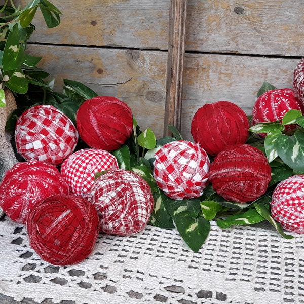 12 Cheery Red Rag Balls | Mothers Day | Dough Bowl Fabric Balls | Primitive Bowl Fillers | Tucks Ornies | Prim Decoration | Fabric Scraps