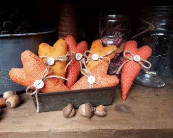 Primitive Orange Heart Bowl Fillers, Fabric Heart Bowl Fillers, Small Hearts, Stuffed Hearts, Primitive Heart Ornies, Fall Country Decor,