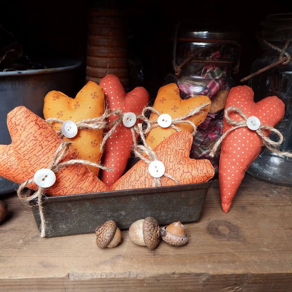 Primitive Orange Heart Bowl Fillers, Fabric Heart Bowl Fillers, Small Hearts, Stuffed Hearts, Primitive Heart Ornies, Fall Country Decor,