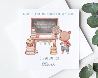 Personalised First Day at School Card, Good Luck on your 1st Day at School to Son, Grandson, Daughter, Granddaughter, Cute Bear Card LB1241B