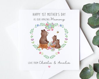 Personalised 1st Mother's Day Card as our Mum, Mummy, Nan, Grandma, First Mothering Sunday Card from Twins, Cute Baby Bear Card LB1438