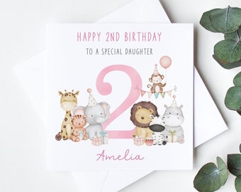 Personalised 2nd Birthday Card, Happy 2nd Birthday Cards, Safari Animal Themed Birthday Cards, Card for Granddaughter, Daughter LB1223P