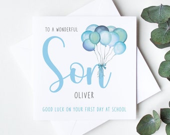 Personalised Good Luck on First Day at School Card, To a Wonderful Son on 1st day of School, Boys Back to school Card, LB1235B