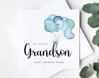 Personalised Grandson Birthday Card, Happy Birthday Cards, Card with Birthday Balloons, Handmade Birthday Card To a Special Grandson LB1198