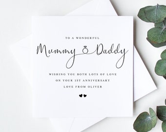 Personalised Anniversary Card for Mummy and Daddy, To a wonderful Mummy and Daddy on First Wedding Anniversary, Elegant Card  LB1117