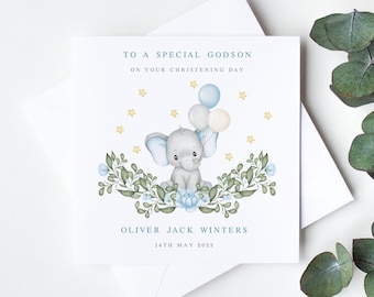 Personalised Christening Card, Handmade Christening Cards for Godson, Grandson, Son, Nephew, Cute Card with a Baby Elephant LB1183