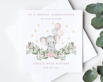 Personalised Baptism Card, Handmade Baptism Day Cards for Goddaughter, Granddaughter, Daughter, Niece, Beautiful Cute Elephant Card LB1194P