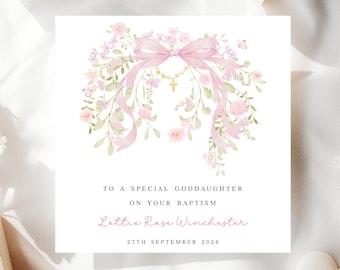 Personalised Baptism Card - Any Name and Relationship - Girls Floral Ribbon Design