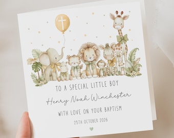 Personalised Baptism Card - Safari Animal Design for Godson, Goddaughter, Son, Daughter, Niece, Nephew
