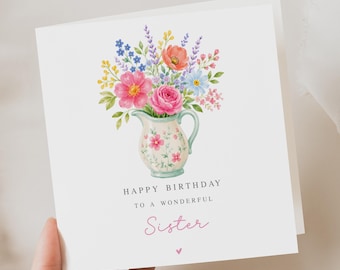 Personalised Birthday Card for Sister, Daughter, Niece, Wife, Grandma, Friend - Flowers in Jug Design