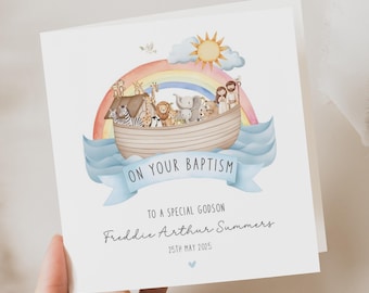 Baptism Card, Personalised Noahs Ark Baptism Card for Boy, Religious Baptism Card for Godson, Son, Nephew, Grandson, Great Grandson, Friend