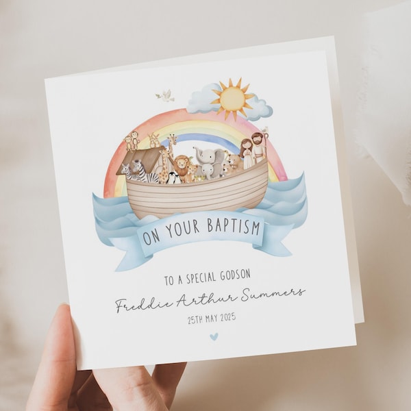 Baptism Card, Personalised Noahs Ark Baptism Card for Boy, Religious Baptism Card for Godson, Son, Nephew, Grandson, Great Grandson, Friend