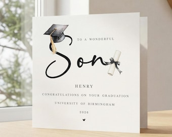 Personalised University Graduation Card for Son - Cap and Scroll Design