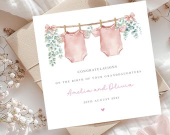 Personalised New Twins Card, Congratulations Card for New Grandparents of Twin Girls, Card for Birth of Granddaughters, New Baby Girl Card