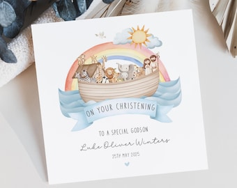 Personalised Noah's Ark Christening Card - Any Name or Relationship - Religious Occasion Gift