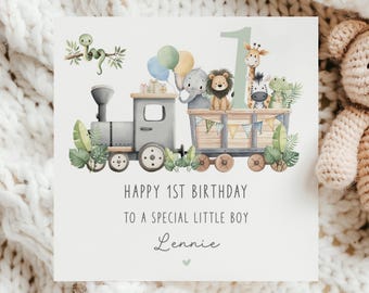 Personalised First Birthday Card for Boys or Girls, Safari Animal and Train 1st Birthday Card to Son, Daughter, Grandson, Granddaughter
