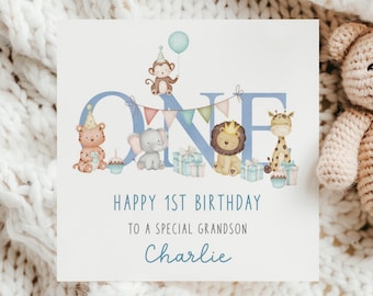 Personalised First Birthday Card, Safari Animal 1st Birthday Card for Son, Grandson, Great Grandson, Nephew, Great Nephew, Little Boy