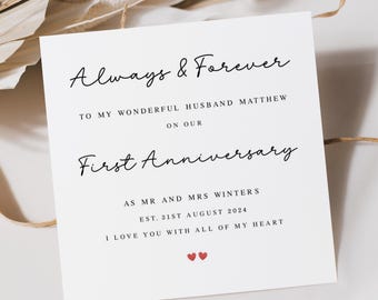 Personalised First Wedding Anniversary Card, Husband 1st Anniversary Card, Wife First Wedding Anniversary Card, One Year Married Card
