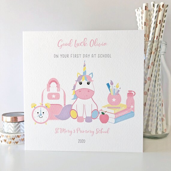 Personalised Unicorn Good Luck on your 1st day at School Card | Etsy