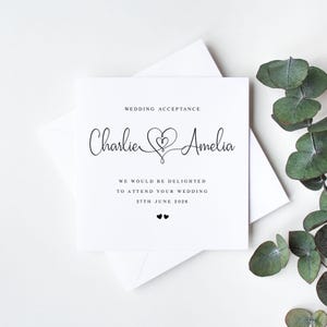 May include: Wedding acceptance card with the names Charlie and Amelia, a heart design, and the text "We would be delighted to attend your wedding 27th June 2026".