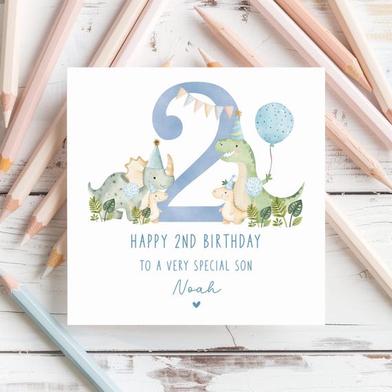2nd Birthday Card, Personalised 2nd Birthday Card for Son, Grandson, Nephew, Godson, Brother, Dinosaur Theme 2nd Birthday Card to Little Boy