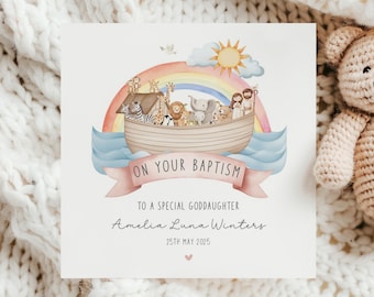 Baptism Card, Personalised Noahs Ark Baptism Card for Girl, Religious Baptism Card for Goddaughter, Daughter, Granddaughter, Niece, Friend