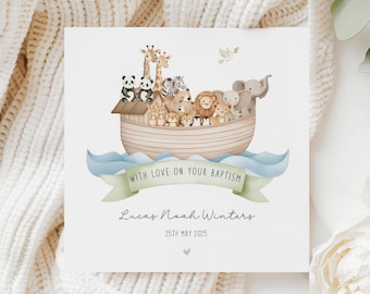 Personalised Baptism Card, Noahs Ark Baptism Card for Girl or Boy, Religious Baptism Card for Niece, Nephew, Grandson, Granddaughter, Friend