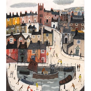 May include: A colorful painting of a small town with a harbor. The town is filled with houses, a church, and people walking around. There is a boat docked in the harbor. The sky is blue with white clouds and a yellow sun.