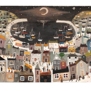 May include: An acrylic painting depicts a coastal town at night. The scene features a crescent moon, stars, and a dark sky above a harbor filled with sailboats. The town is composed of colorful houses and figures of people.