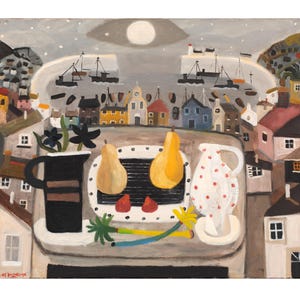 May include: A still life painting featuring a coastal town scene with boats, houses, and a full moon. The foreground includes a black pitcher, pears, and a white plate with red dots. The color palette is muted with shades of gray, brown, and yellow.