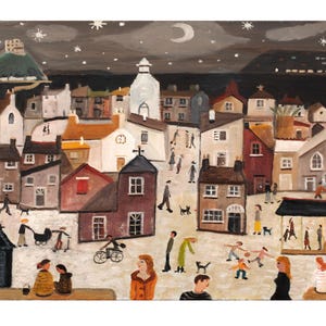 May include: A folk art painting depicts a village scene at night. Buildings of various colors and shapes are scattered across the canvas, with figures of people and pets. The night sky features a crescent moon, stars, and a dark, cloudy background.