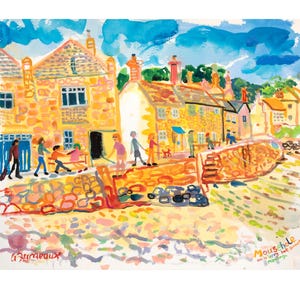 May include: Watercolor painting of a coastal village scene with buildings in shades of yellow and orange. Figures of people are walking along a stone wall and pathway. The sky is blue with white brushstrokes. The painting is signed by the artist.