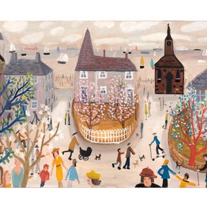 May include: An original painting depicting a quaint seaside town scene. The artwork features buildings, trees, and people strolling along a street. Sailboats dot the horizon under a cloudy sky. The color palette includes muted tones of gray, brown, and pink.