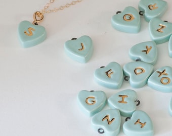 ceramic: AQUA HEART Initial Necklace, Genuine 22K Gold Monogrammed Heart Charm (optional Pendant-only or Gold-filled Chain) made in usa
