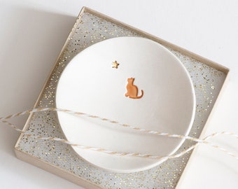 ceramic: ORANGE TABBY Cat Dish with genuine 22k Gold Star - Mini 3" Ceramic Ring Dish for Cat Lovers, made in usa