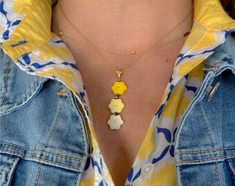 ceramic: YELLOW FLOWERS Necklace, Gradient yellow Ombre Pendant, Flower Drop Necklace (optional Pendant-only or Gold-filled Chain) usa made