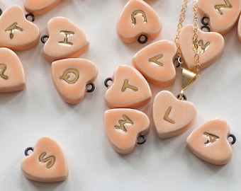 ceramic: ORANGE HEART Initial Necklace, Genuine 22K Gold Monogrammed Heart Charm (optional Pendant-only or Gold-filled Chain) usa made