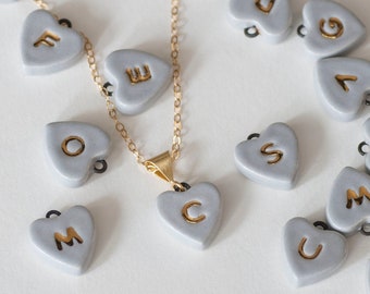 ceramic: GREY HEART Initial Necklace, Genuine 22K Gold Monogrammed Heart Charm (optional Pendant-only or Gold-filled Chain) made in usa