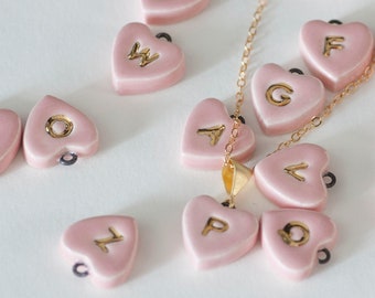 ceramic: PINK HEART Initial Necklace, Genuine 22K Gold Monogrammed Heart Charm (optional Pendant-only or Gold-filled Chain) made in usa