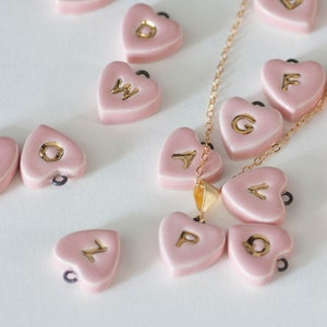 PINK HEART ceramic necklace with 22k Gold initial lettering (optional 14k gold-filled chain)