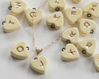 ceramic: YELLOW HEART Initial Necklace, Genuine 22K Gold Monogrammed Heart Charm (optional Pendant-only or Gold-filled Chain) usa made