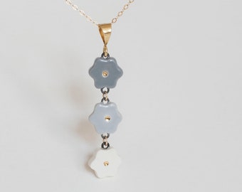 ceramic: COOL GREY Flower Drop Necklace with Genuine 22k Gold accents (optional Pendant-only or Gold-filled Chain) made in usa