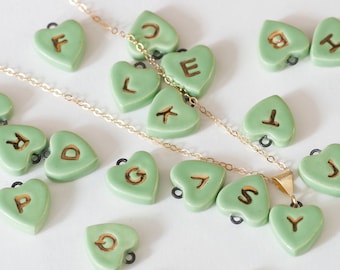 ceramic: GREEN HEART Initial Necklace, Genuine 22K Gold Monogrammed Heart Charm (optional Pendant-only or Gold-filled Chain) made in usa