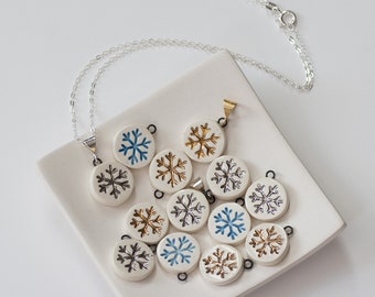 ceramic: winter SNOWFLAKE Necklace, Blue snowflake or Genuine 22K Gold Snowflake (optional Pendant-only or with chain) made in usa