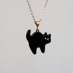 Black Cat Ceramic Necklace: 22K Gold Eyes, Halloween Jewelry, optional gold-filled chain