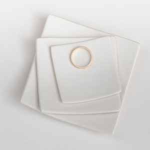 ceramic: RAW SQUARE simple ceramic dish - white square ring dish, very SMALL dishes (no glaze, no refection) wedding styling, made in usa