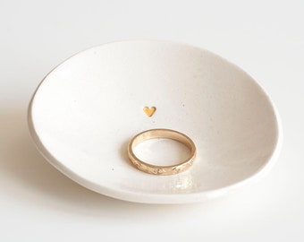 ceramic: Genuine 22k GOLD HEART Ring Dish, wedding, anniversary, love, bride, engagement, made with a rustic natural clay (small 3" dish)