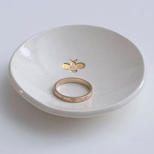 ceramic: Genuine 22k Gold BEE Ring Dish, bumblebee, jewelry holder, honeycomb (small 3" dish) made in the usa